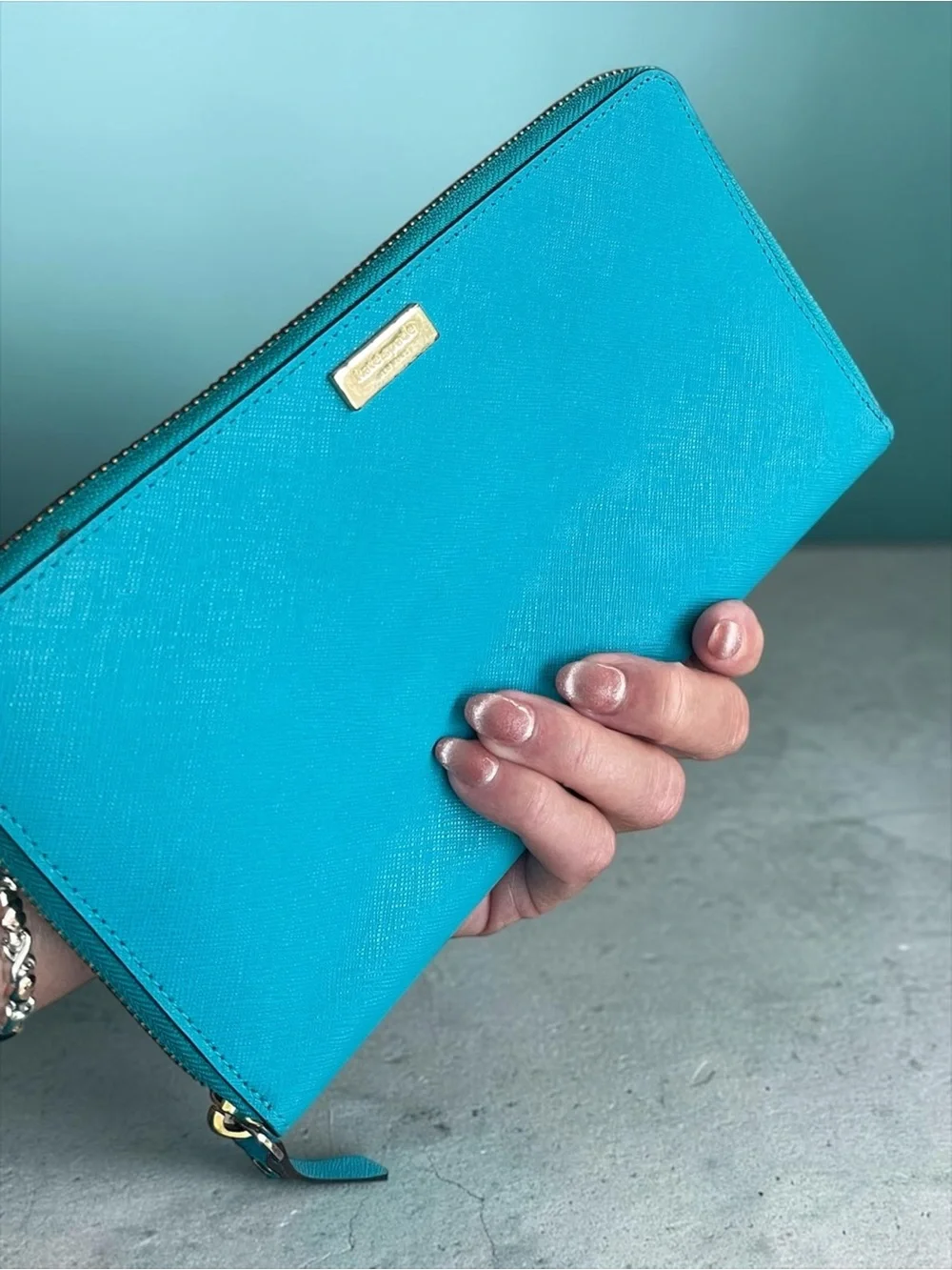 Kate Spade New York Teal Saffiano Leather Zip Around Wallet Clutch